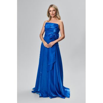 Rochie de ocazie premium din satin cu funda in talie Klarinda Albastra