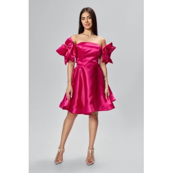 Rochie de ocazie premium tip baby doll din satin cu fundite Felisse Fucsia