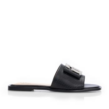 Saboți damă din piele naturală - 3512 Negru Box Perforat