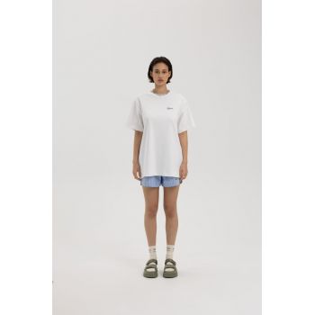 Tricou supradimensionat cu detaliu logo pe piept - Alb
