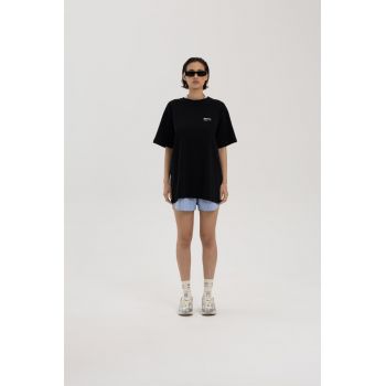 Tricou supradimensionat cu detaliu logo pe piept - Negru
