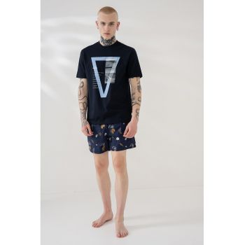 Pantaloni scurti de baie cu snur si detaliu brodat