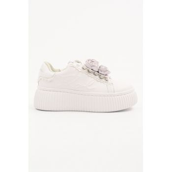 Pantofi sport wedge din piele cu aplicatii florale