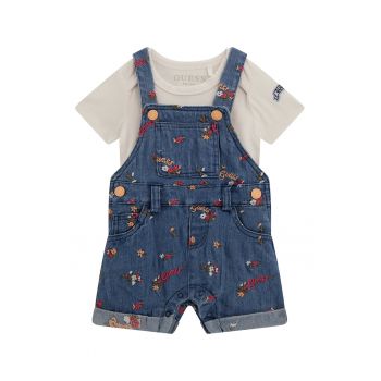 Set de body cu model uni si salopeta din denim cu imprimeu floral - 2 Piese