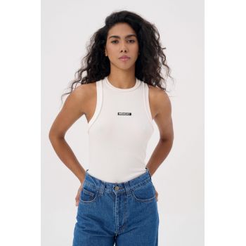 Top din amestec de bumbac organic cu detaliu logo - Alb