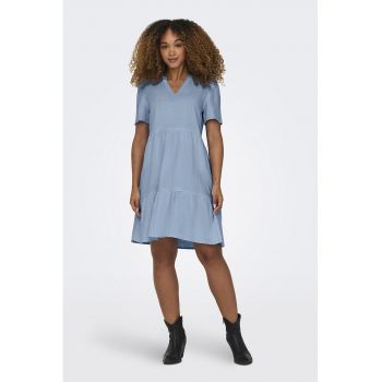 Rochie midi din amestec de in - volane si decolteu in V