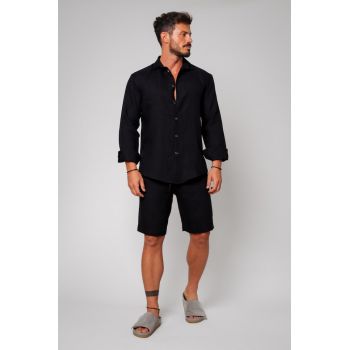 Set Lino din In 100% camasa si pantalon scurt Black 13350