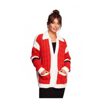 Cardigan cu fermoar - Acril/Nylon/Lana - Rosu/Alb