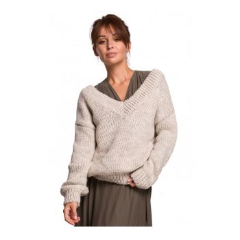 Pulover cu decolteu in V - Acril/Nylon/Lana - Bej