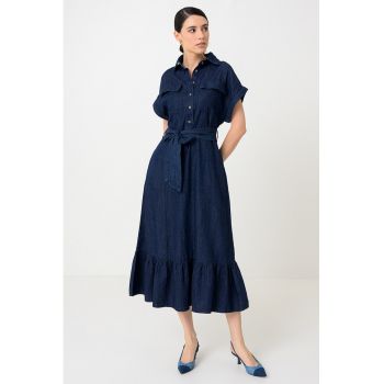 Rochie midi din amestec de in cu terminatie cu volan si cordon in talie