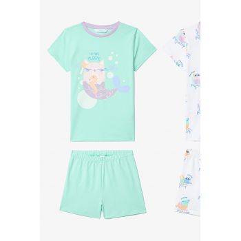 Pijama din bumbac cu imprimeu grafic si maneci scurte