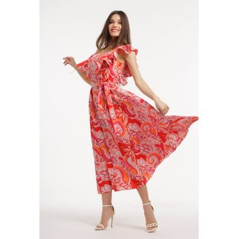 Rochie midi cu croiala in A  - model si cordon in talie