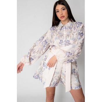Set Camasa maneca lunga si pantalon scurt Flower Off White/Blue 15542