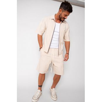 Set Jacheta maneca scurta cu fermoar si pantalon scurt Beige 16565