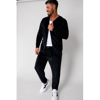 Set Jacheta tip kimono si pantalon lung din catifea Black 15732