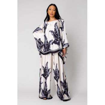 Set Shells Bluza si pantalon lung din mix matase Off White/ Black 15866