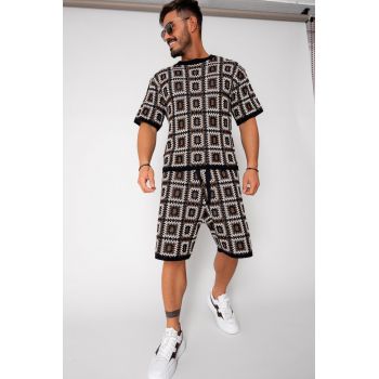 Set tricou si pantalon scurt tricotat Black/Brown 16573