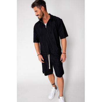 Set Velvet tricou cu fermoar si pantalon scurt Black 16246
