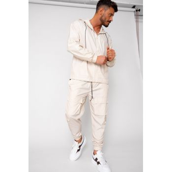 Set Windbreaker Jacheta cu fermoar si pantalon lung din fas Cream 15677