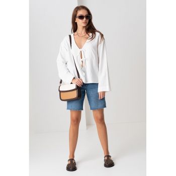 Bluza din bumbac organic cu decolteu in V si detaliu cu funda
