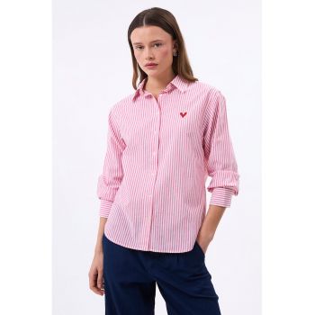 Camasa din in si bumbac cu guler ascutit si model in dungi