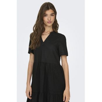 Rochie midi din amestec de in - volane si decolteu in V