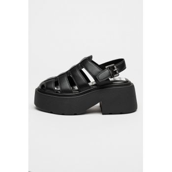 Sandale demi-wedge de piele ecologica uni