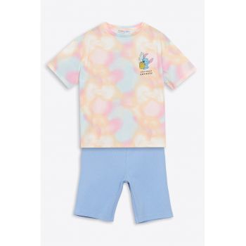 Set de tricou cu model tie-dye si imprimeu Stitch si colanti scurti