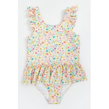 Costum de baie intreg cu model floral si garnituri cu volane
