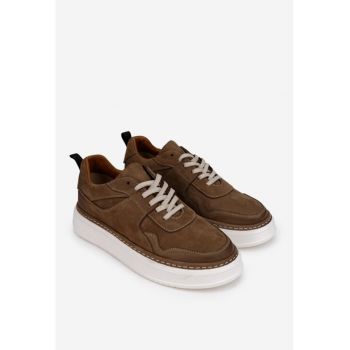 Pantofi barbati taupe din piele nabuc