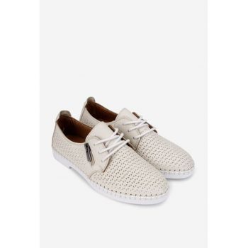 Pantofi dama bej din piele cu model perforat