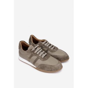 Pantofi dama  taupe din piele cu aspect perforat
