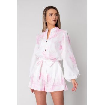 Set Camasa maneca lunga si pantalon scurt Off White/Rose 16492