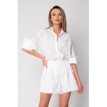Set dama cu broderie - camasa cu maneca 3/4 si pantalon scurt White 16395