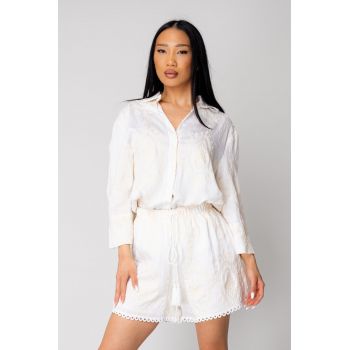 Set dama cu broderie - camasa si pantalon scurt Off White/Cream 16393