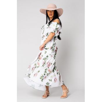 Set Top fara umeri si Fusta lunga Off White/Green 16589