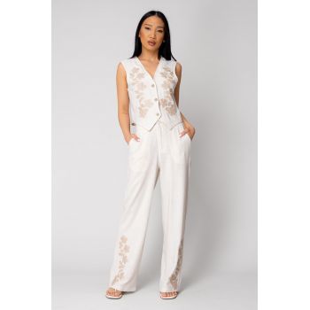 Set Vesta si pantalon lung cu broderie Beige 16592