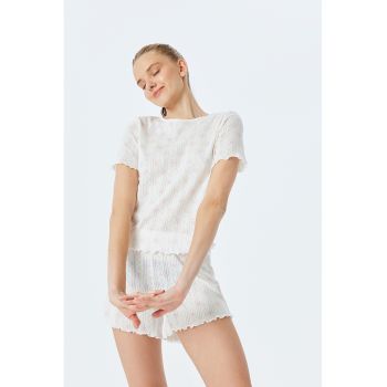 Pijama de bumbac uc model floral si termiinatii valurite