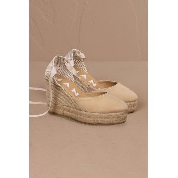 Sandale wedge de piele cu bareta infasurabila