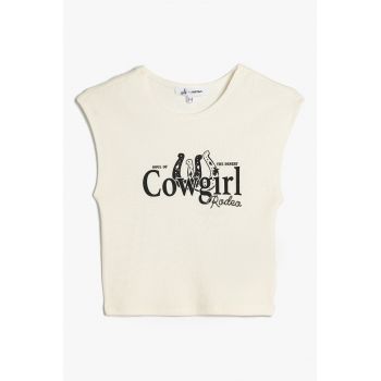 Tricou crop cambrat cu imprimeu