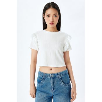 Tricou crop texturat cu volane