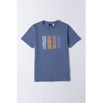 Tricou cu imprimeu grafic si decolteu la baza gatului