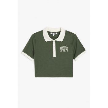 Tricou polo crop cu broderie text
