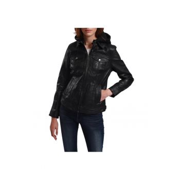 Jacheta dama  piele naturala - cu gluga - neagra - marimea XL