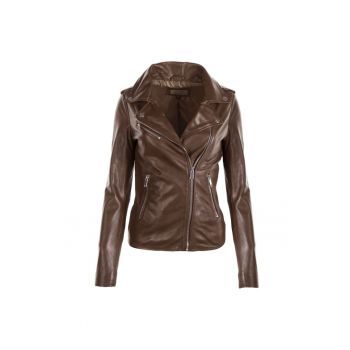 Jacheta din piele pentru femei  Hortence - maro - marimea M - design elegant - cu fermoar metalic
