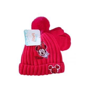 Set caciula si manusi  Minnie - rosu - 48 - material acrilic - cu pompon si detalii brodate