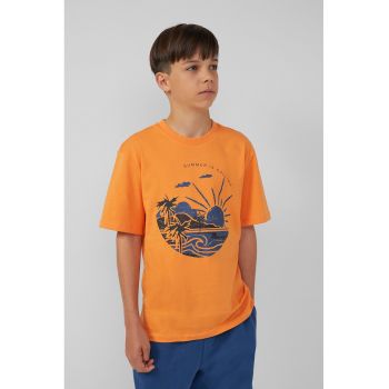 Tricou cu imprimeu grafic si decolteu la baza gatului