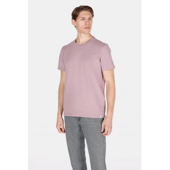 Tricou din bumbac cu model uni si decolteu la baza gatului