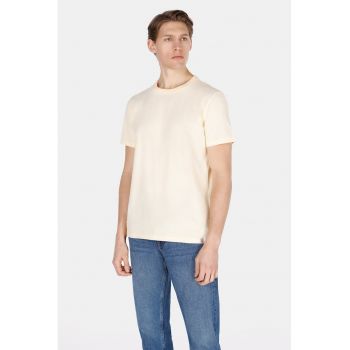 Tricou din bumbac cu model uni si decolteu la baza gatului