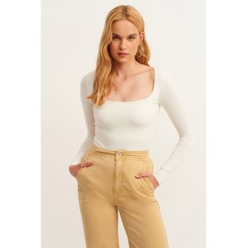 Bluza cambrata cu decolteu patrat - Alb murdar -
